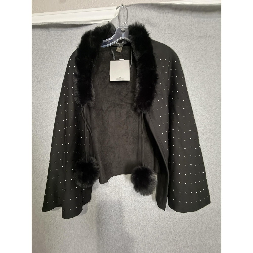 Marc New York Andrew Marc Cape Womens One Size Black Faux Fur Studded Pom Pom